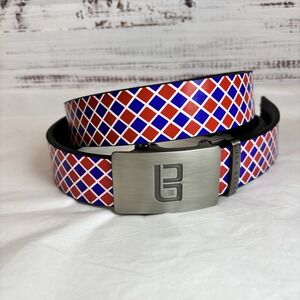 Buca Golf Belt Red Blue Diamonds Leather Silver Tone Buckle Wide Adjustable